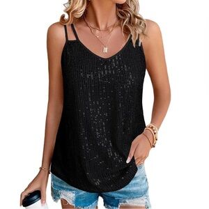 Black Sequin V-Neck Cami Top